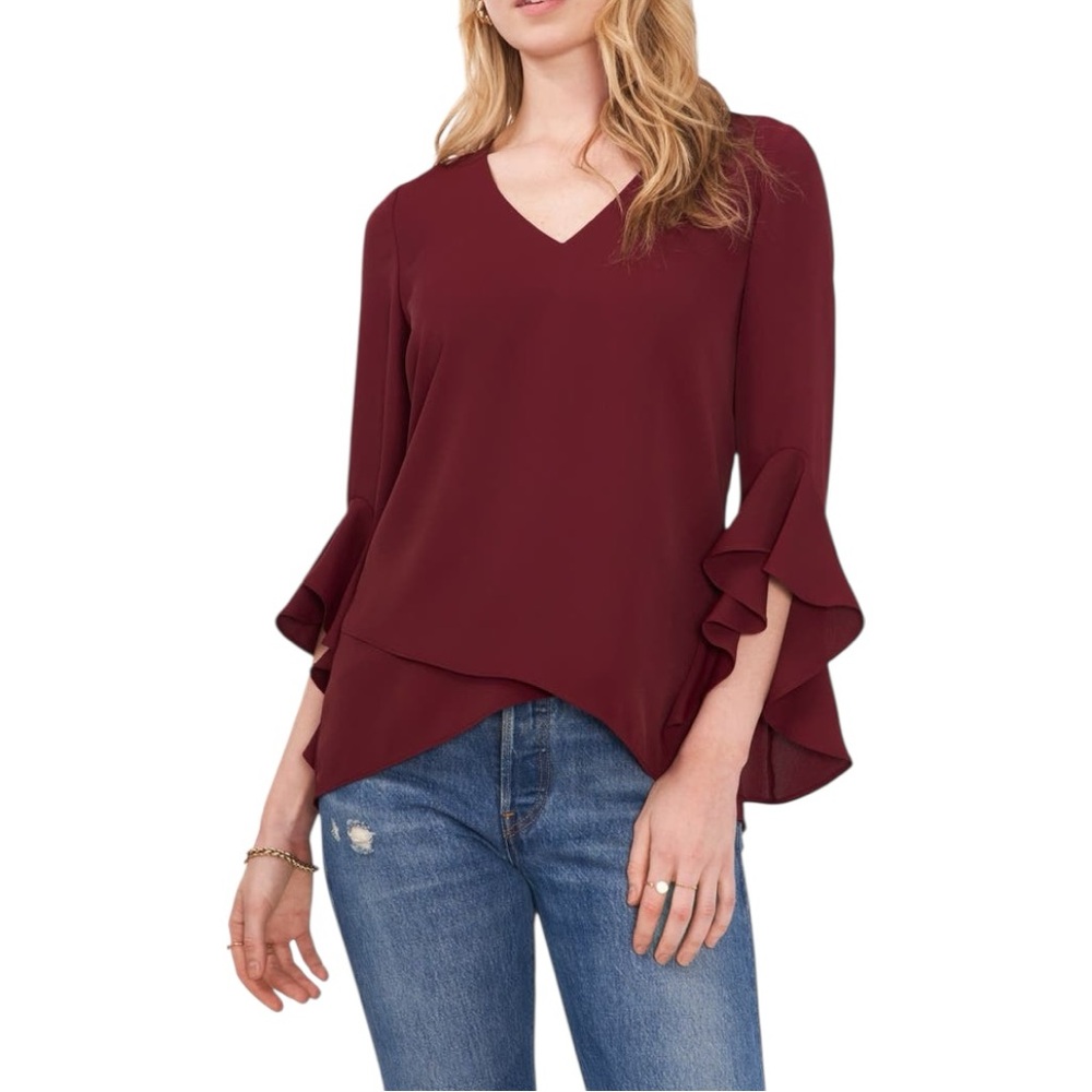NWT Vince Camuto Crisp Merlot (Burgundy) Flutter Sleeve Tulip Front Tunic 3X